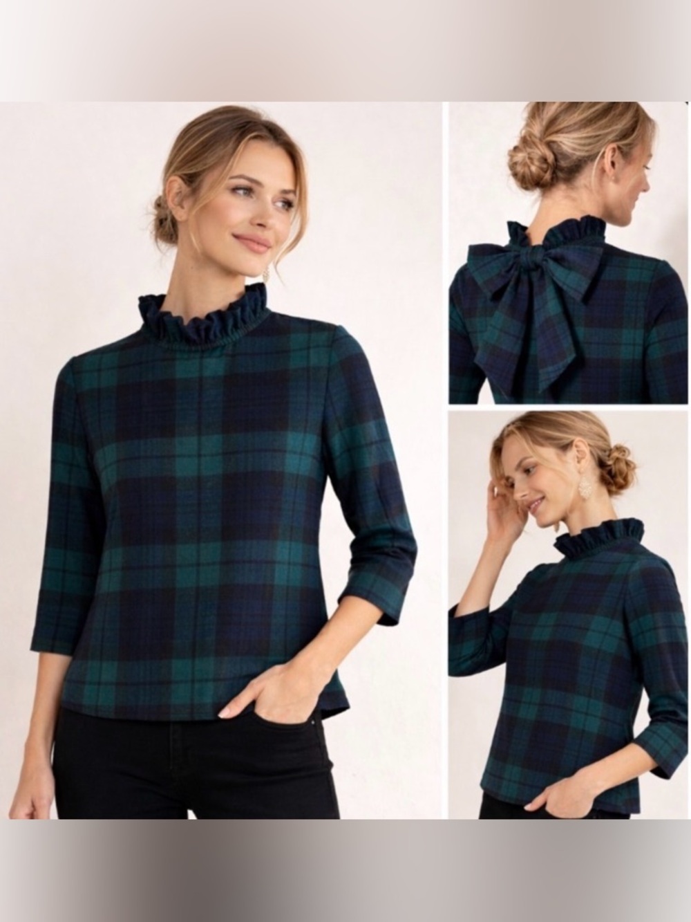 Tuckernuck Daphne Ruffle Tie-Back Wool Blend Top Blackwatch Plaid Small Preppy - Picture 5 of 14